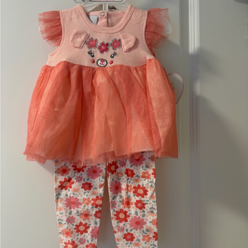 Peach Tulle Baby Dress & Floral Leggings Set 3-6mo